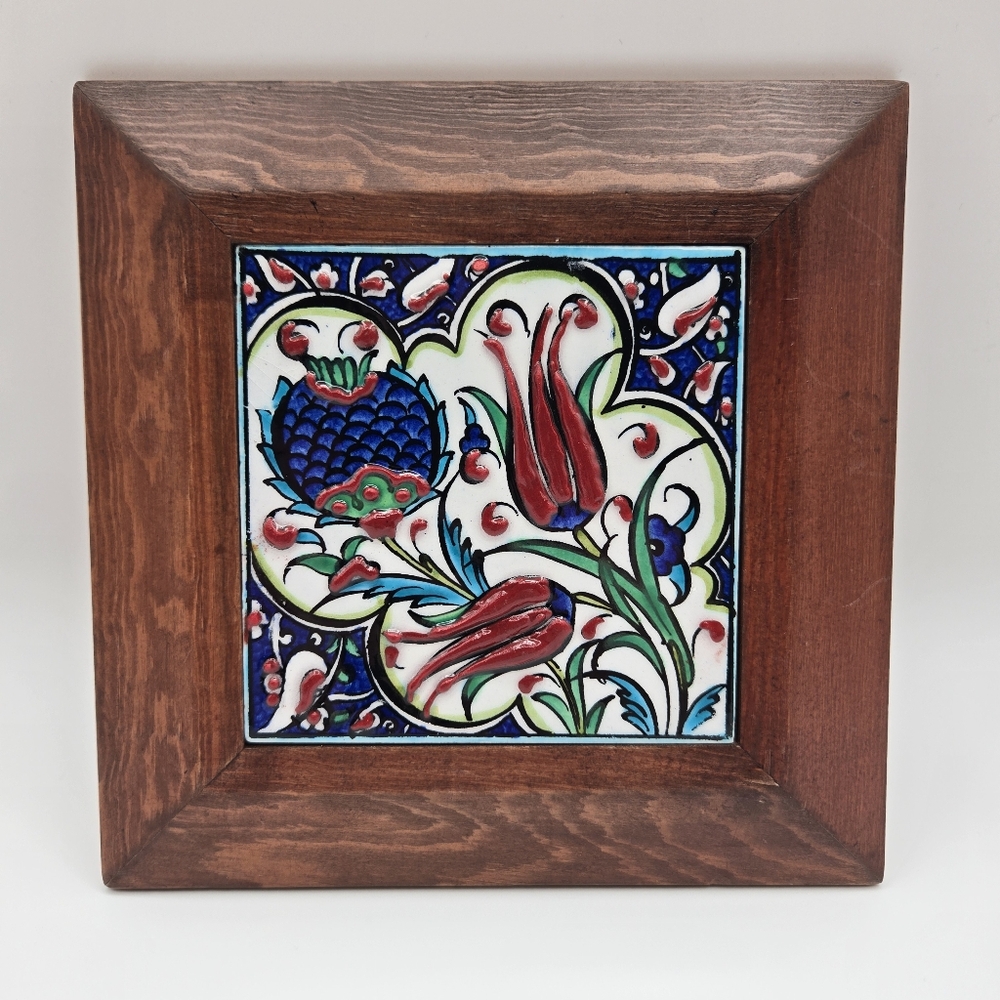 Hand-Painted Iznik Floral Tulip Ceramic Square Tile Wooden Frame Turkish Art